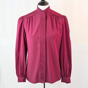 Vtg 1960s Womens Red Silky Blouse | Ladies Buttoned High Neck Collared Dress Top